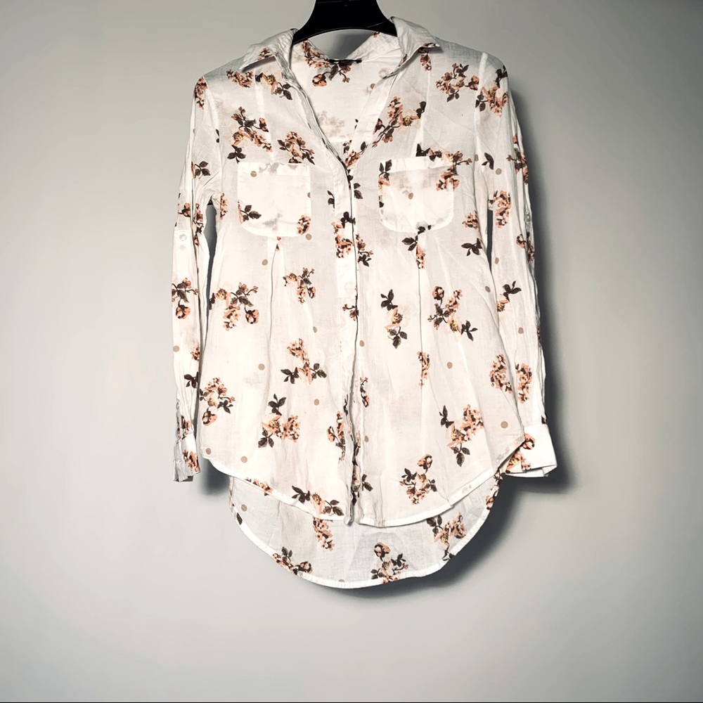 Lord & Taylor White Pink Floral 100% Linen Long Sleeve Button Down Shirt size S